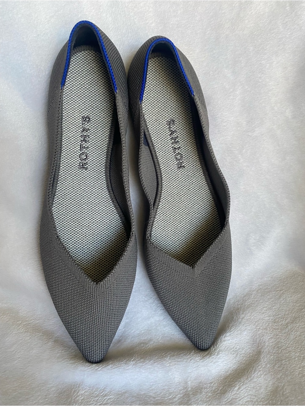 Rothy's Charcoal Pointed Knit Flats with Blue Trim